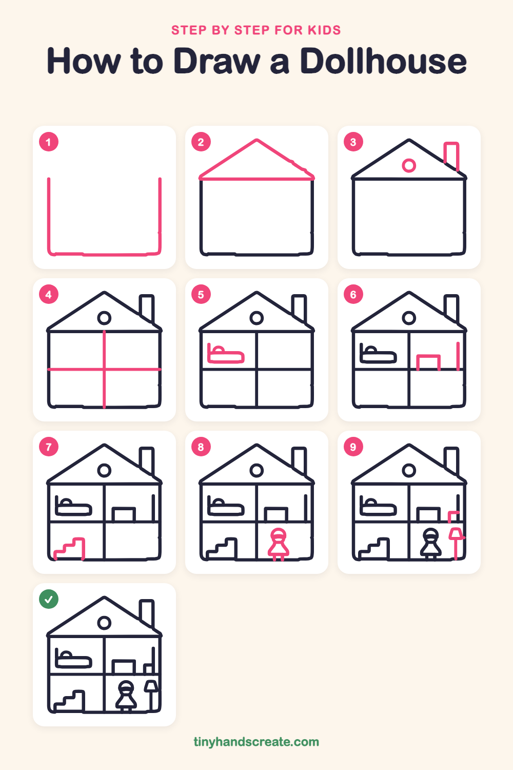 How to draw a dollhouse step by step for kids