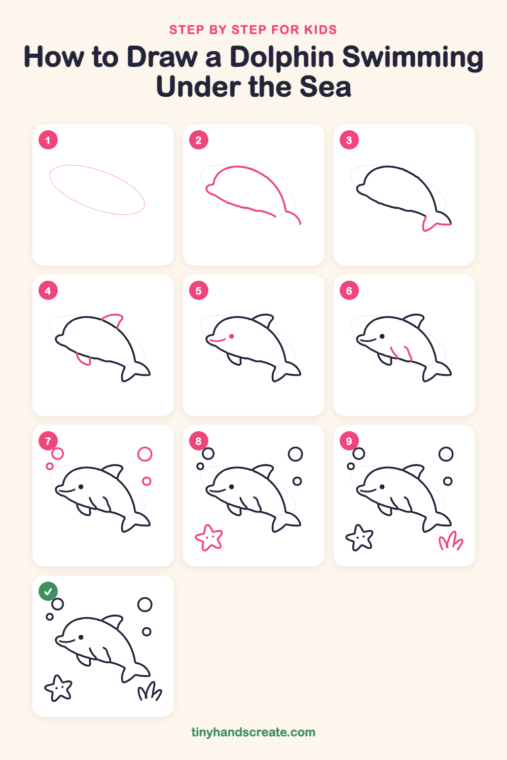 How to draw a dolphin swimming under the sea step by step for kids