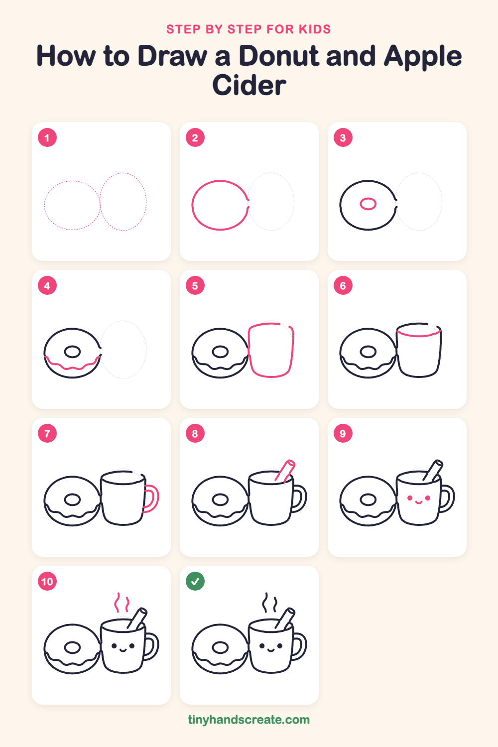 How to draw a donut and apple cider step by step for kids