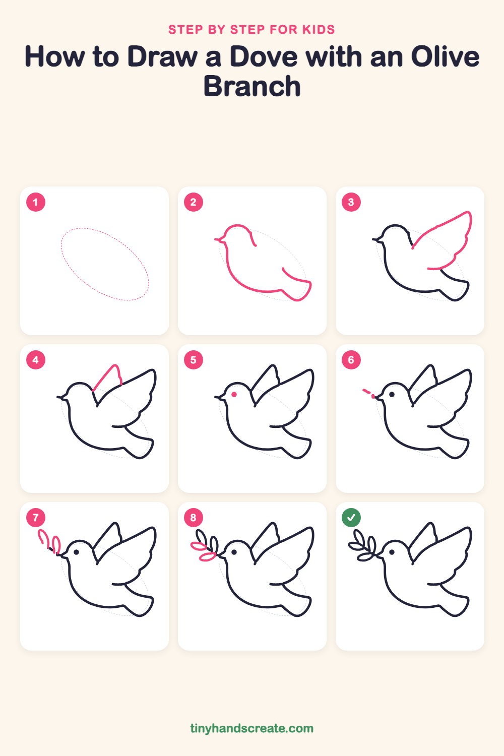 How to draw a dove with an olive branch step by step for kids