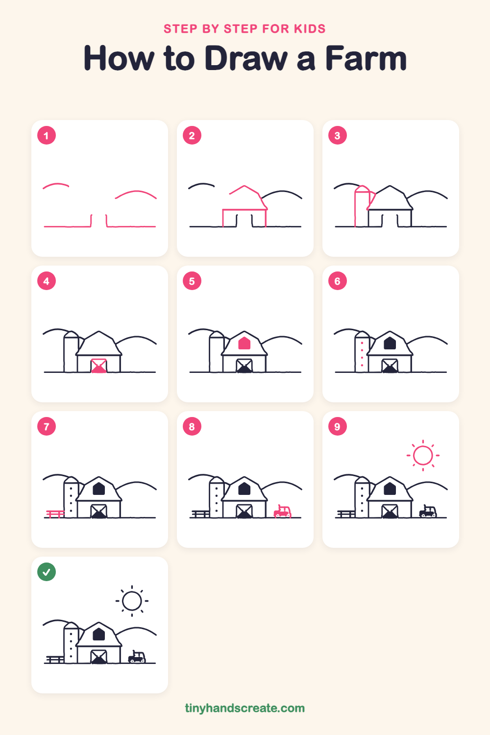 How to draw a farm step by step for kids