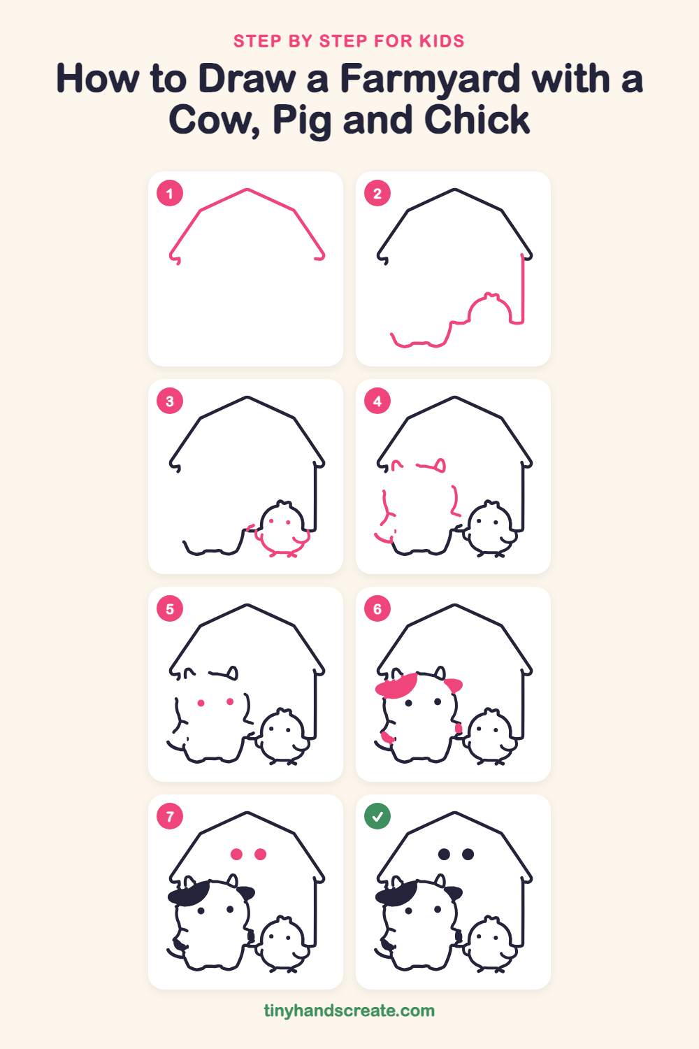 How to draw a farmyard with a cow, pig and chick step by step for kids