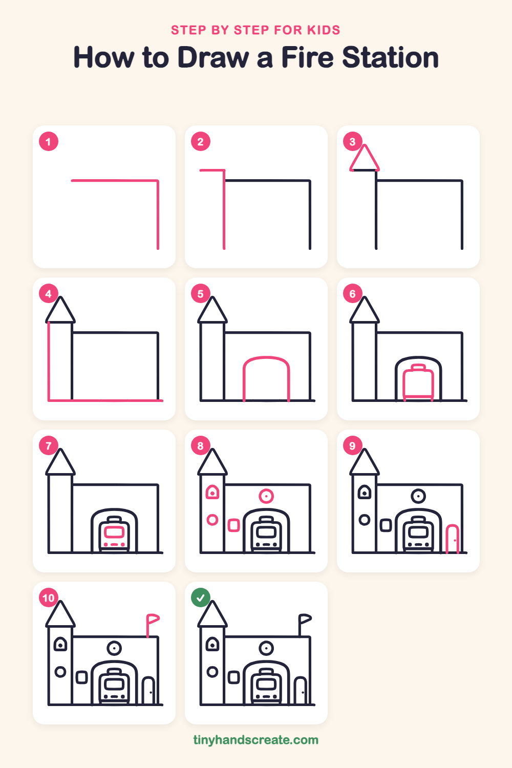 How to draw a fire station step by step for kids