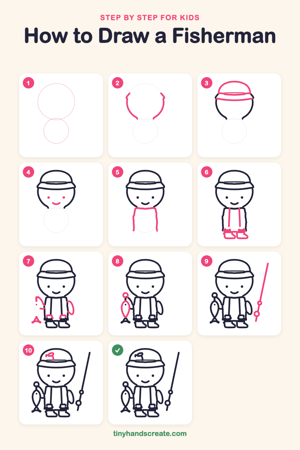 How to draw a fisherman step by step for kids