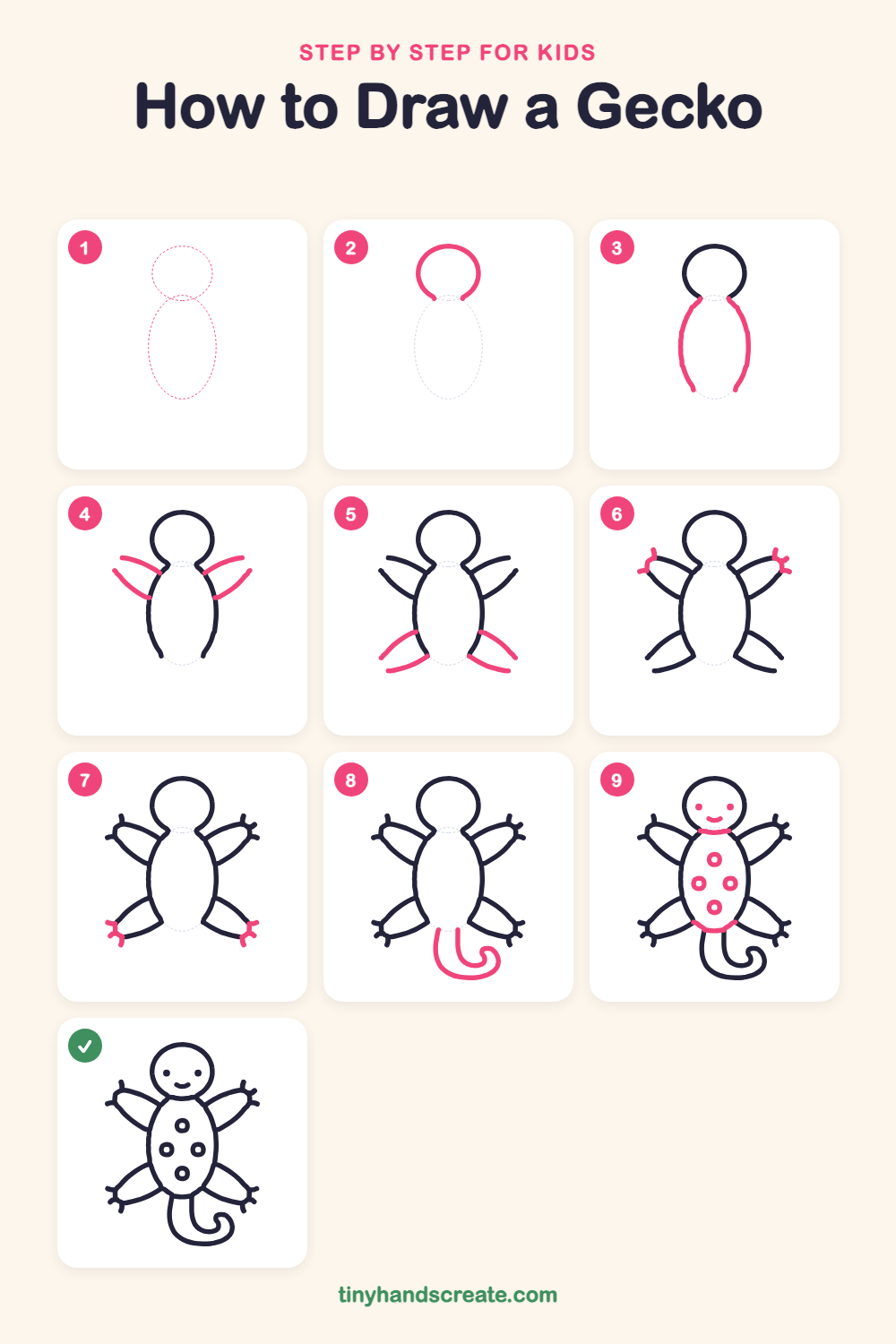 How to draw a gecko step by step for kids