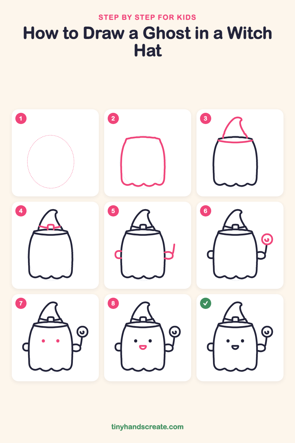 How to draw a ghost in a witch hat step by step for kids