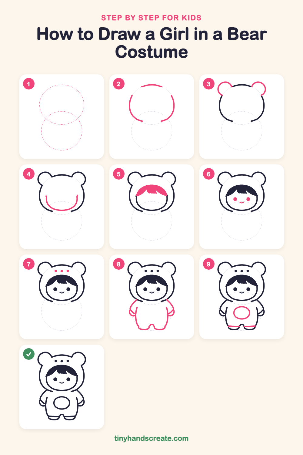 How to draw a girl in a bear costume step by step for kids