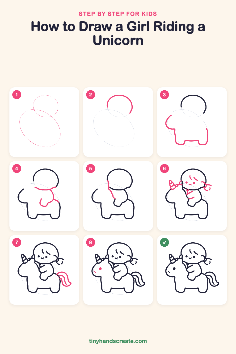 How to draw a girl riding a unicorn step by step for kids