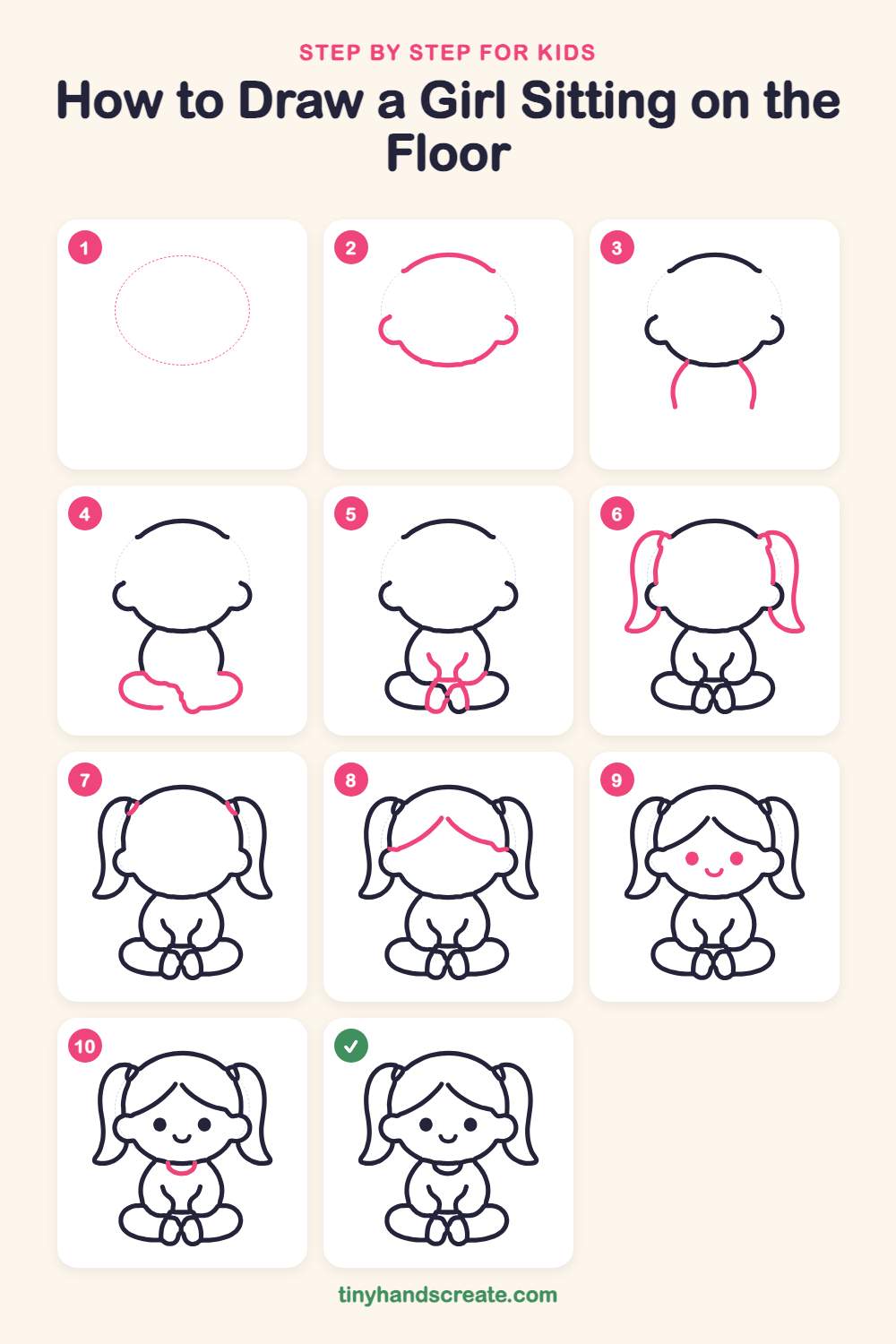 How to draw a girl sitting on the floor step by step for kids