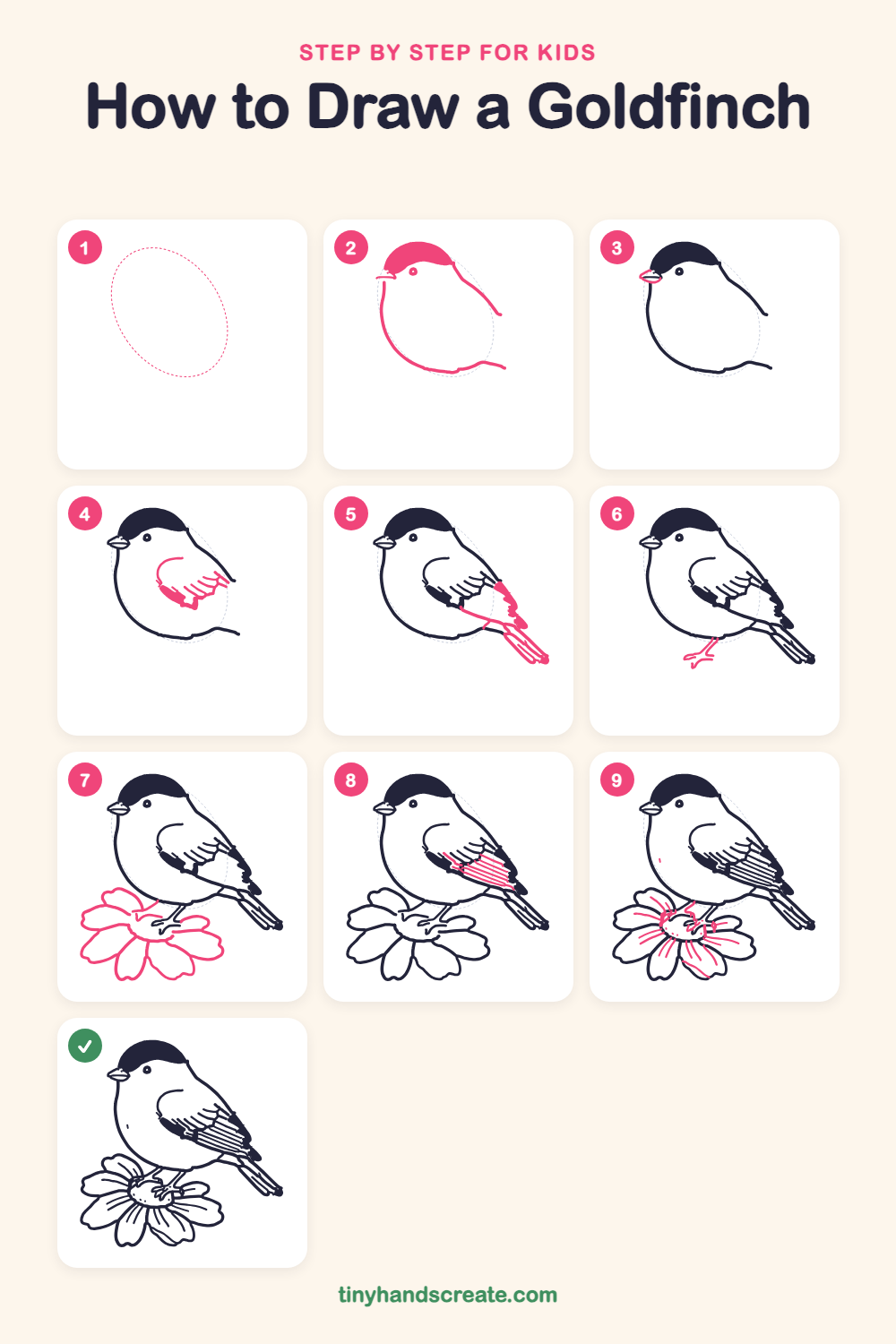 How to draw a goldfinch step by step for kids