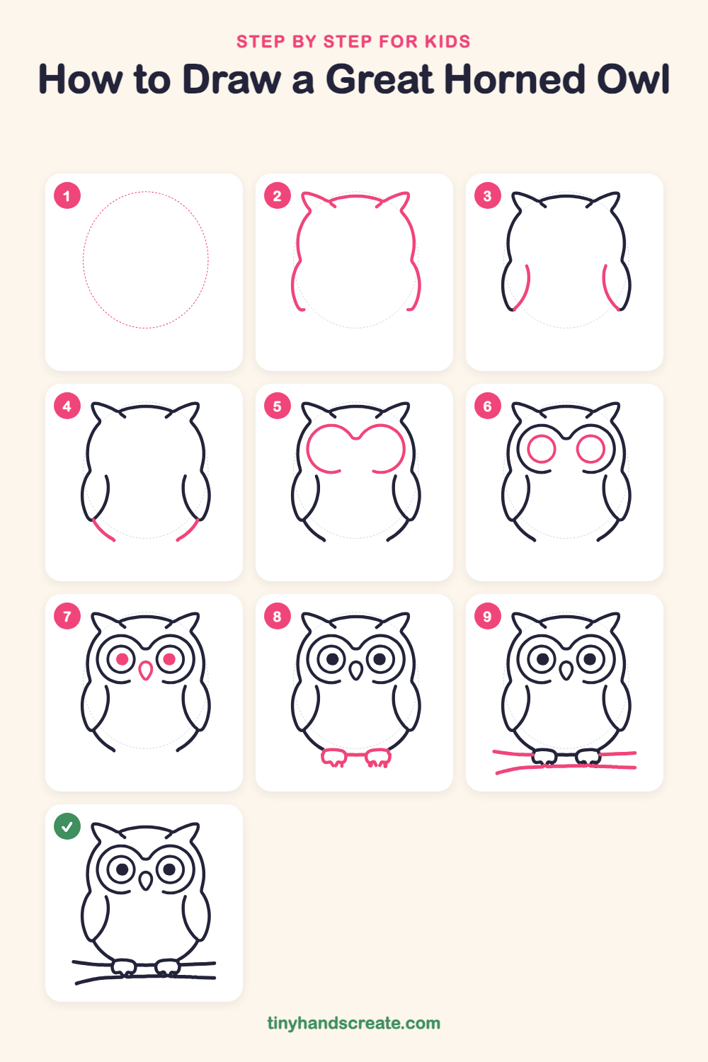 How to draw a great horned owl step by step for kids