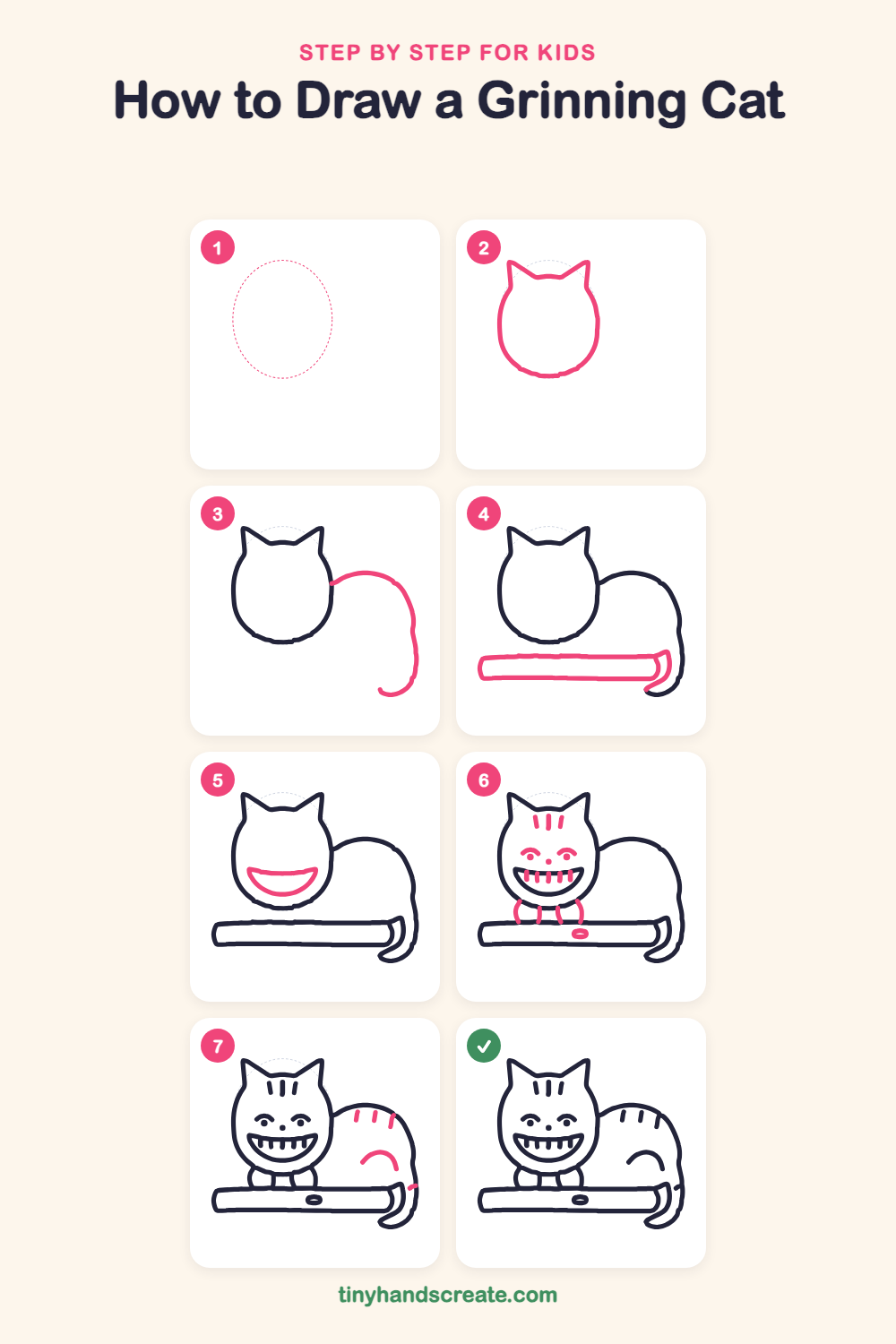 How to draw a grinning cat step by step for kids