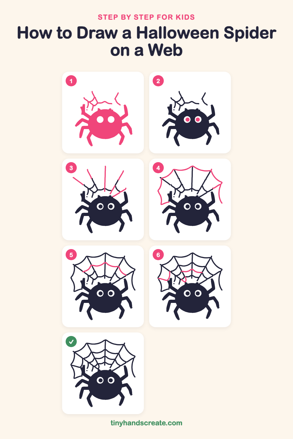 How to draw a Halloween spider on a web step by step for kids