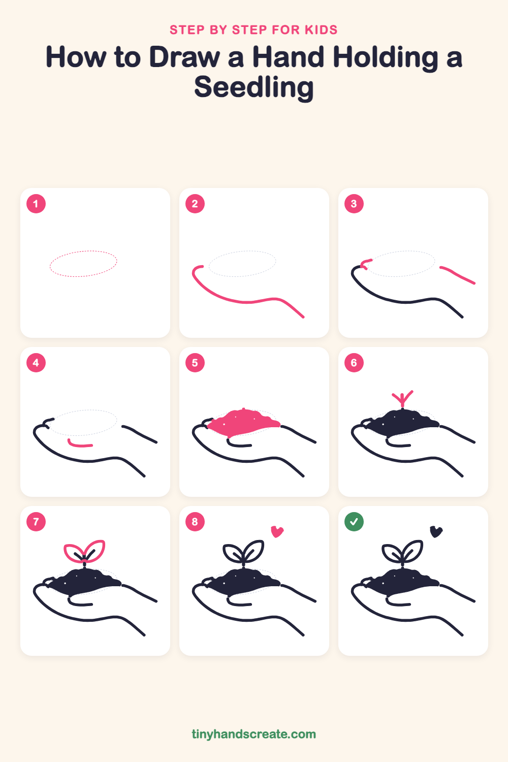 How to draw a hand holding a seedling step by step for kids