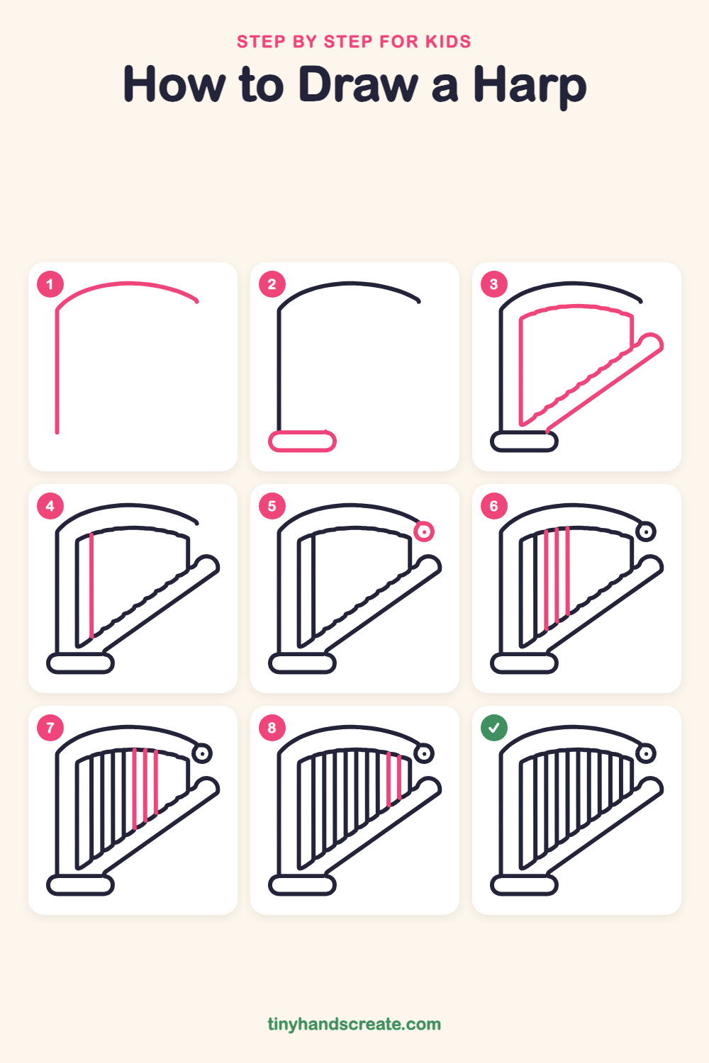 How to draw a harp step by step for kids