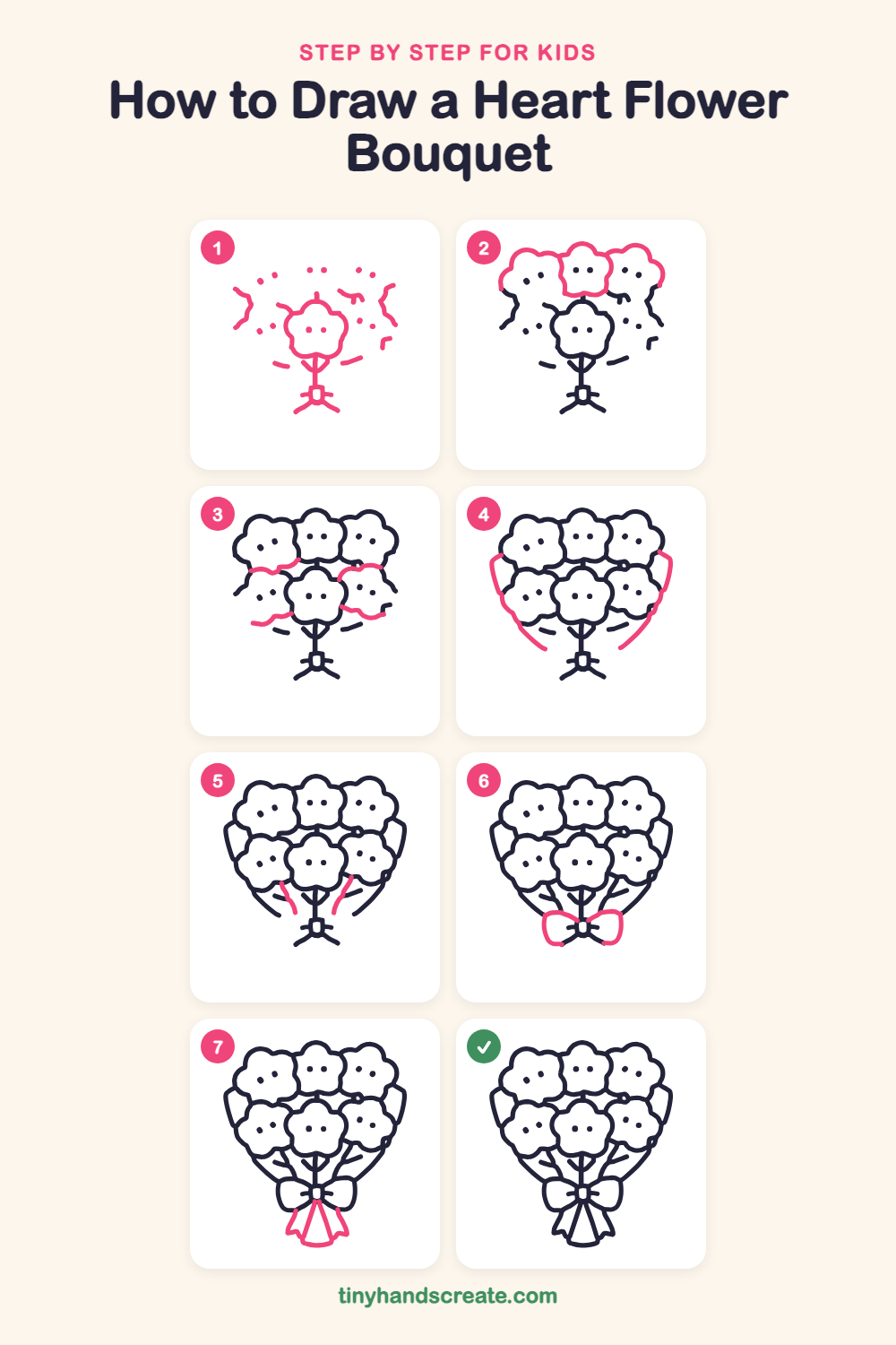 How to draw a heart flower bouquet step by step for kids
