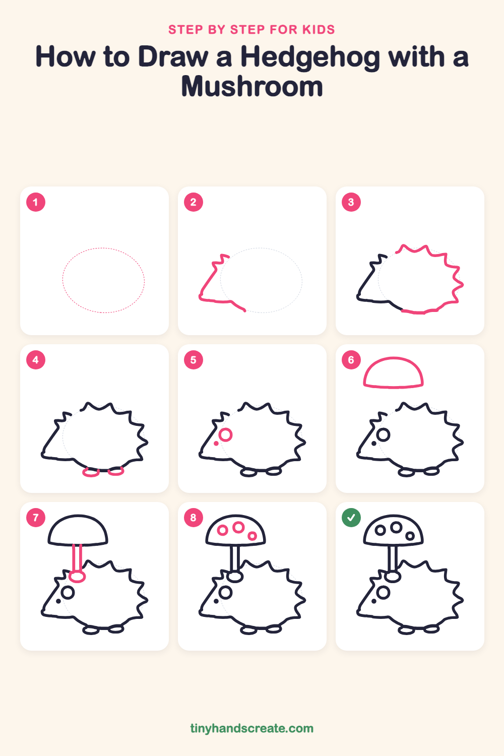 How to draw a hedgehog with a mushroom step by step for kids