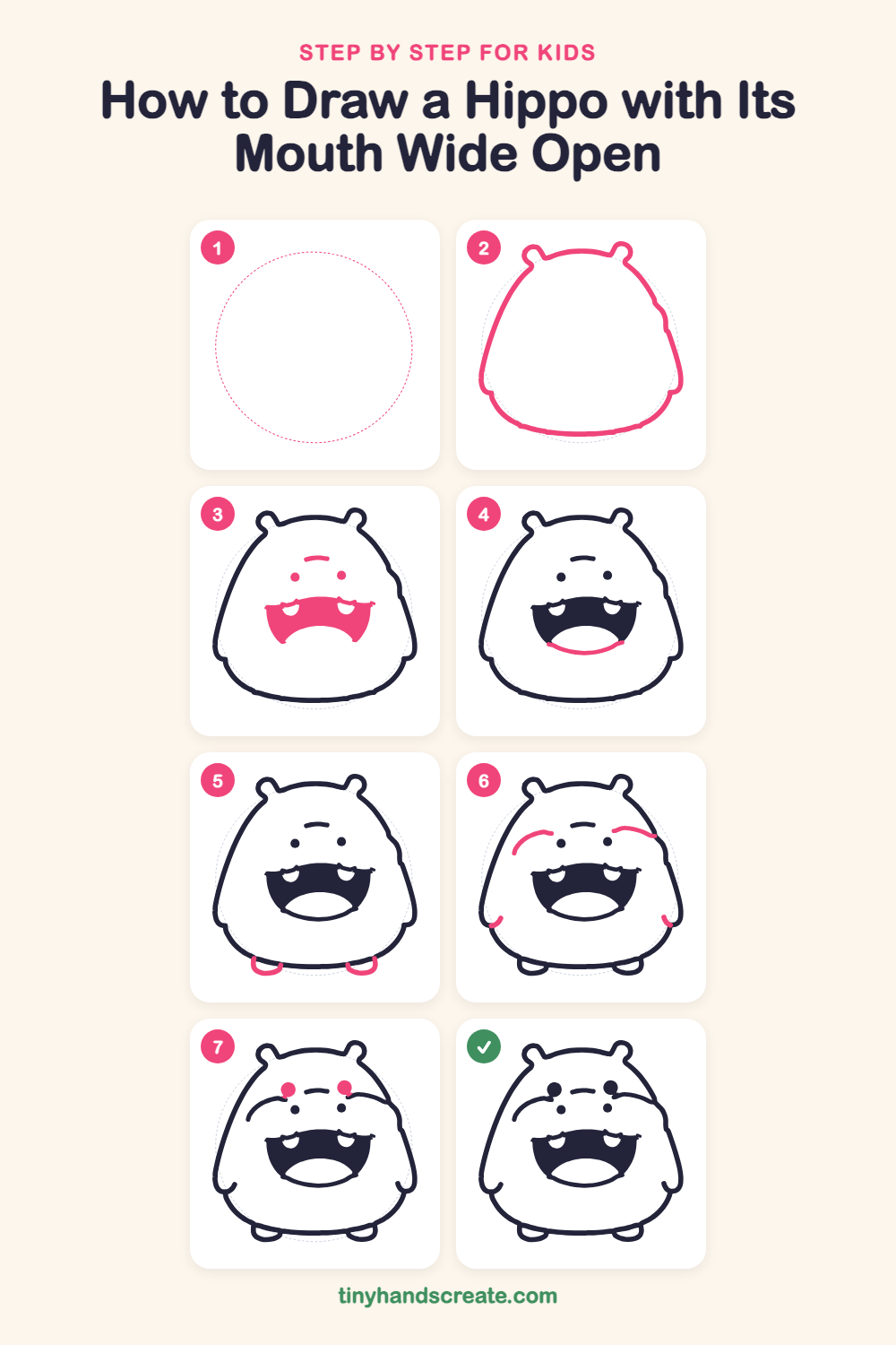 How to draw a hippo with its mouth wide open step by step for kids