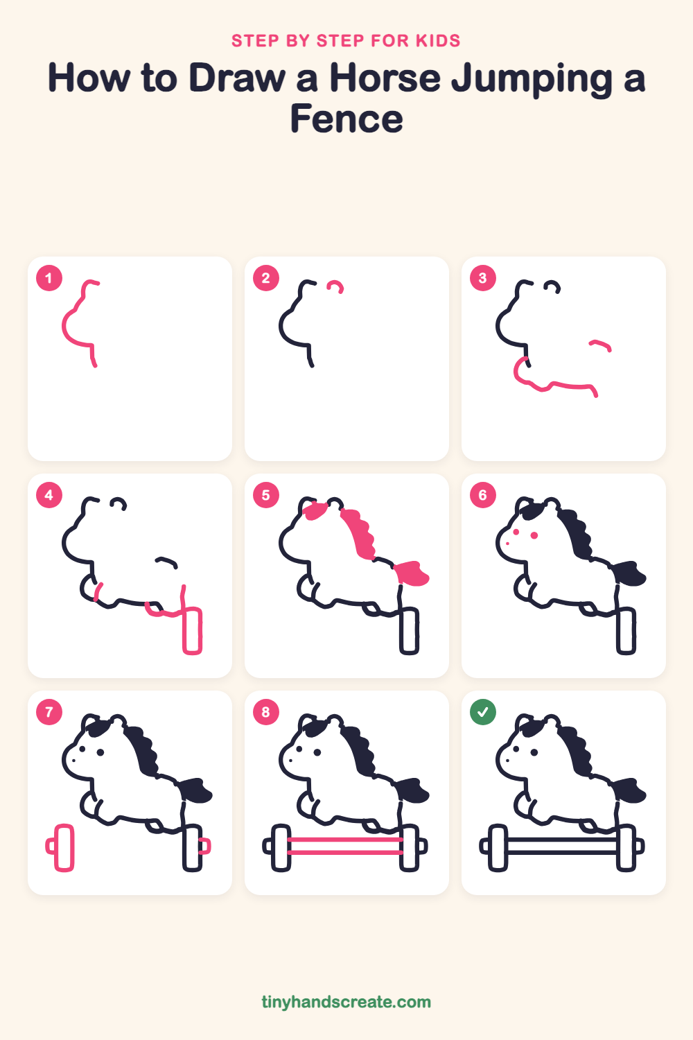 How to draw a horse jumping a fence step by step for kids