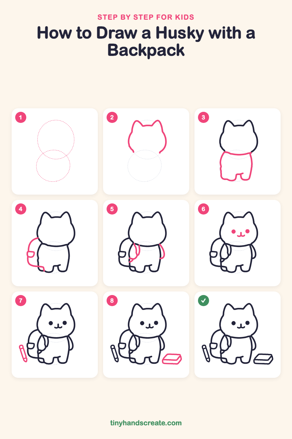 How to draw a husky with a backpack step by step for kids