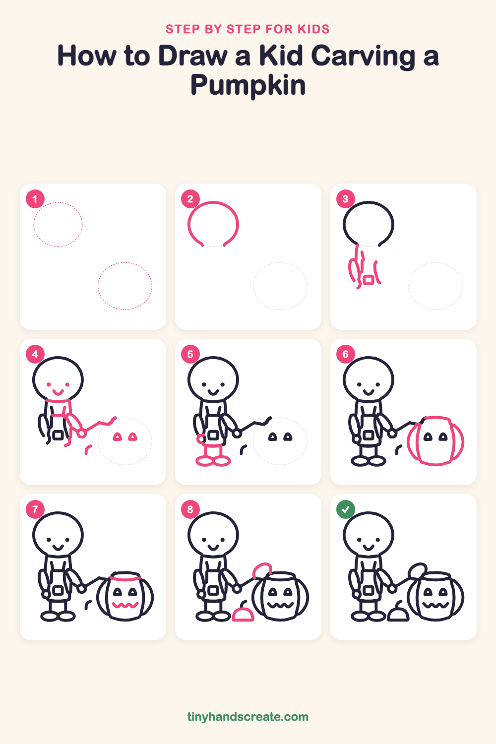 How to draw a kid carving a pumpkin step by step for kids