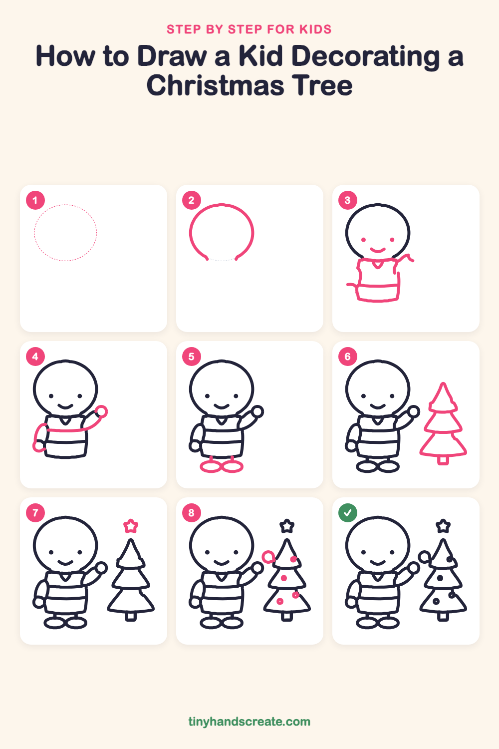 How to draw a kid decorating a Christmas tree step by step for kids