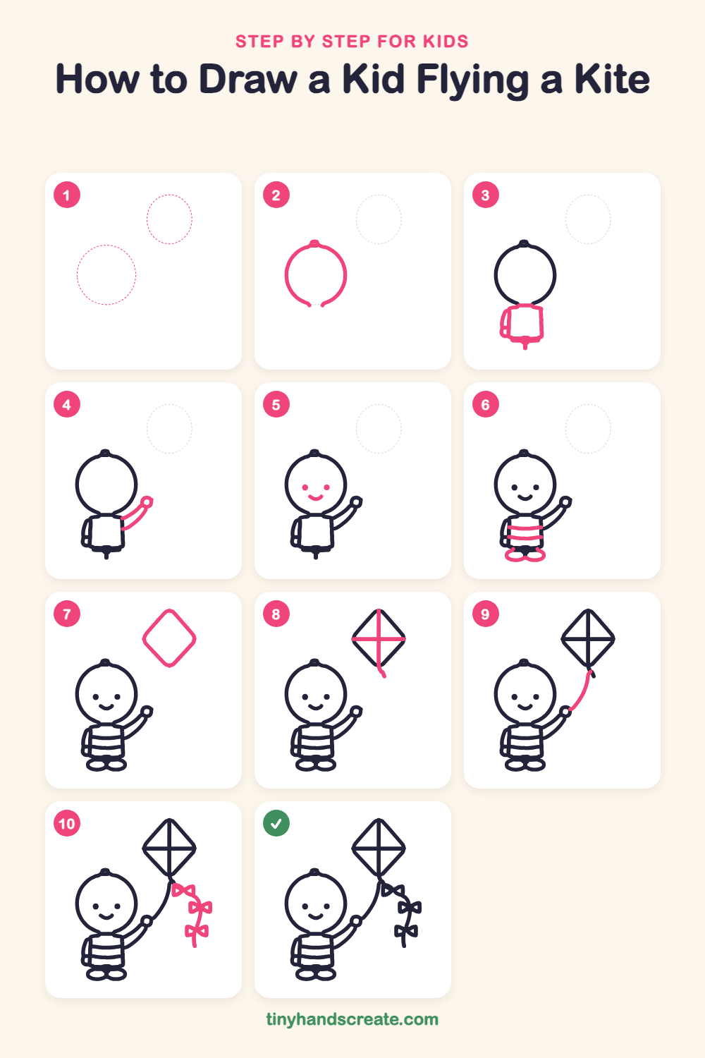 How to draw a kid flying a kite step by step for kids