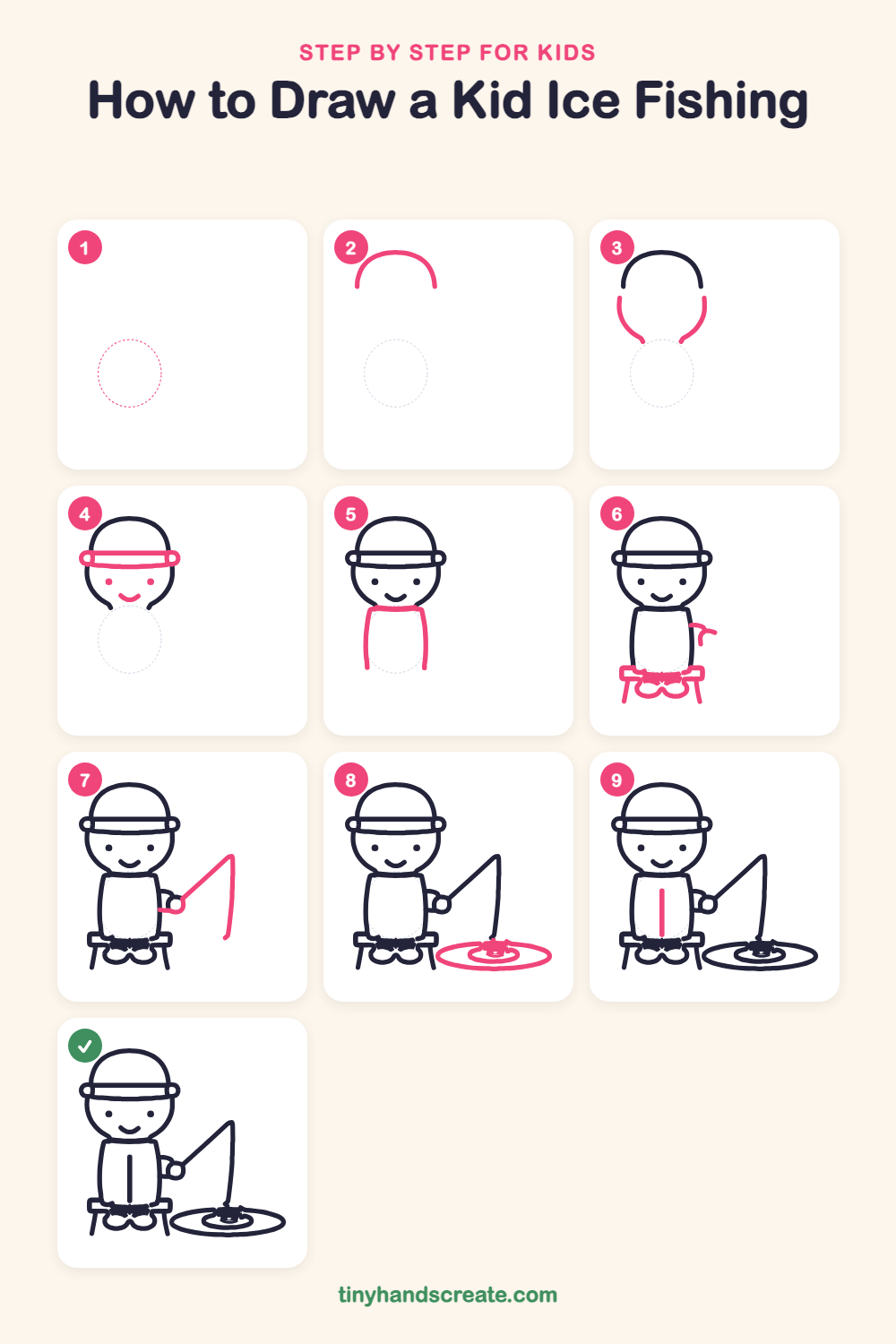 How to draw a kid ice fishing step by step for kids