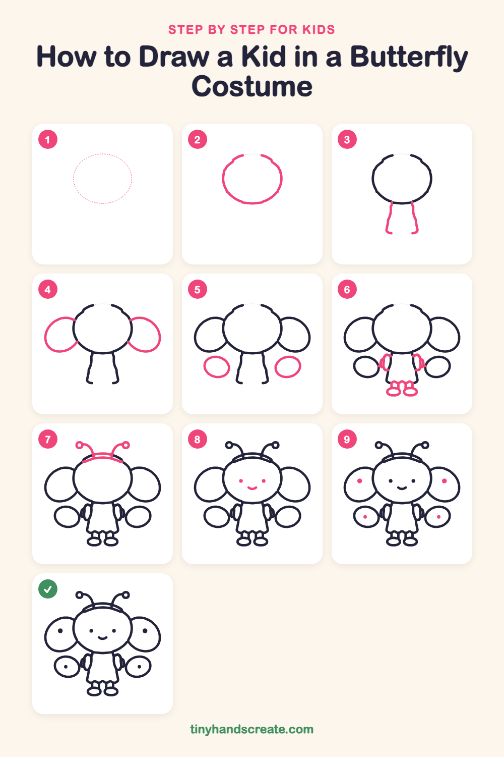 How to draw a kid in a butterfly costume step by step for kids