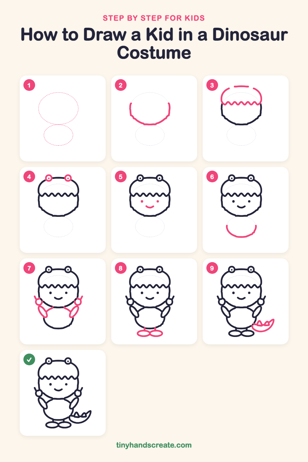How to draw a kid in a dinosaur costume step by step for kids