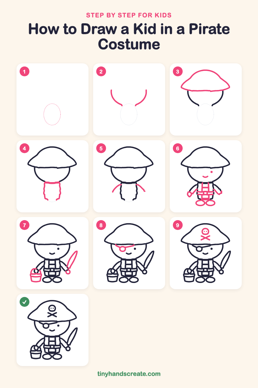 How to draw a kid in a pirate costume step by step for kids