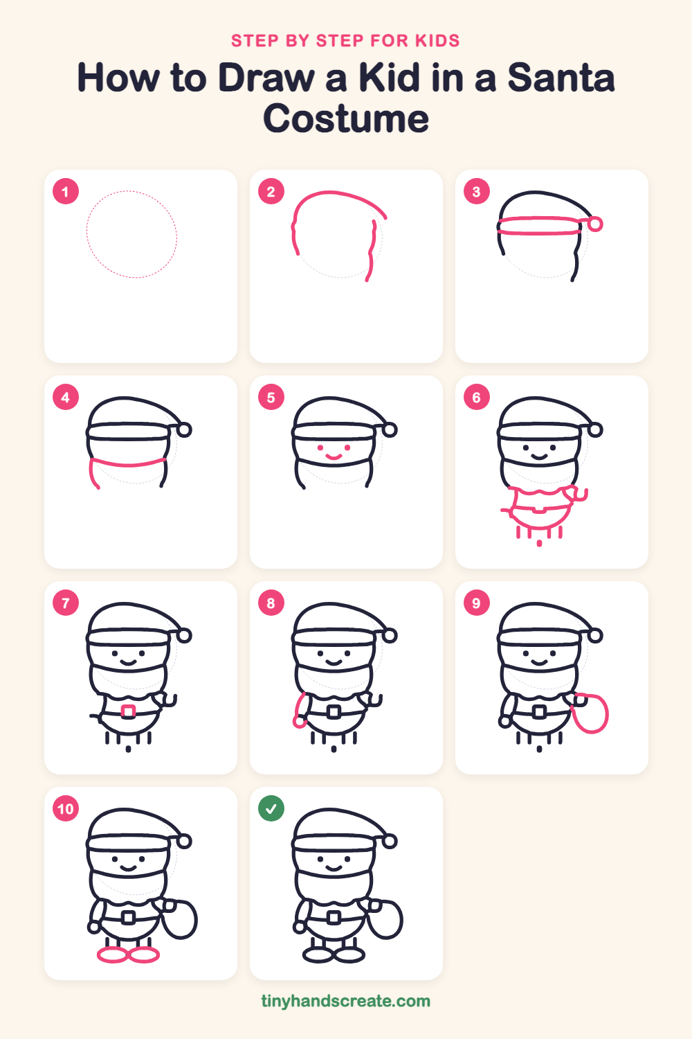 How to draw a kid in a Santa costume step by step for kids