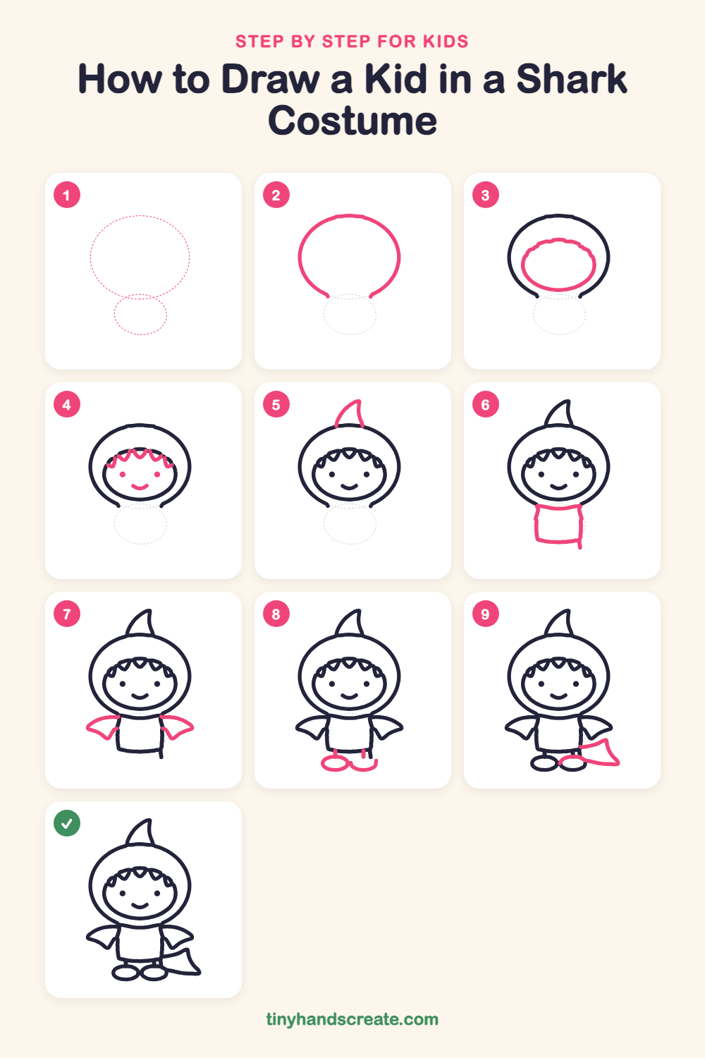 How to draw a kid in a shark costume step by step for kids