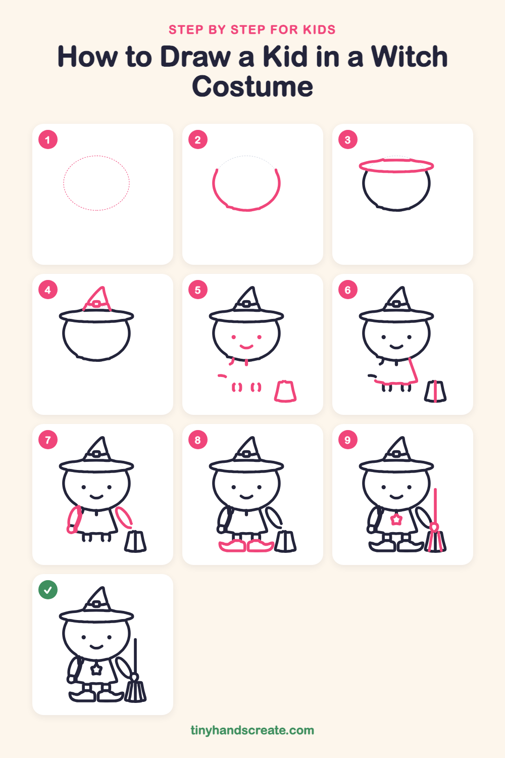 How to draw a kid in a witch costume step by step for kids