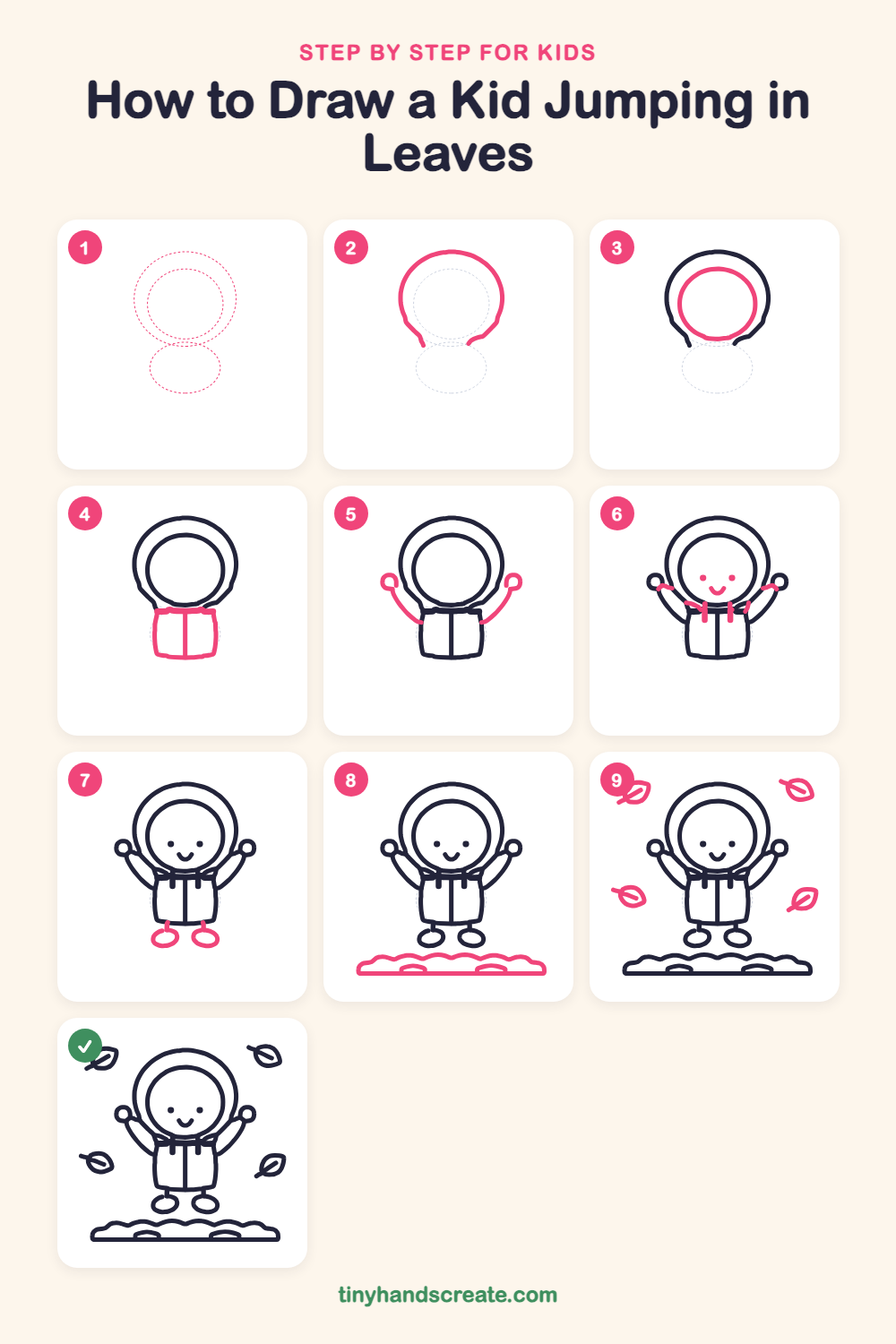 How to draw a kid jumping in leaves step by step for kids