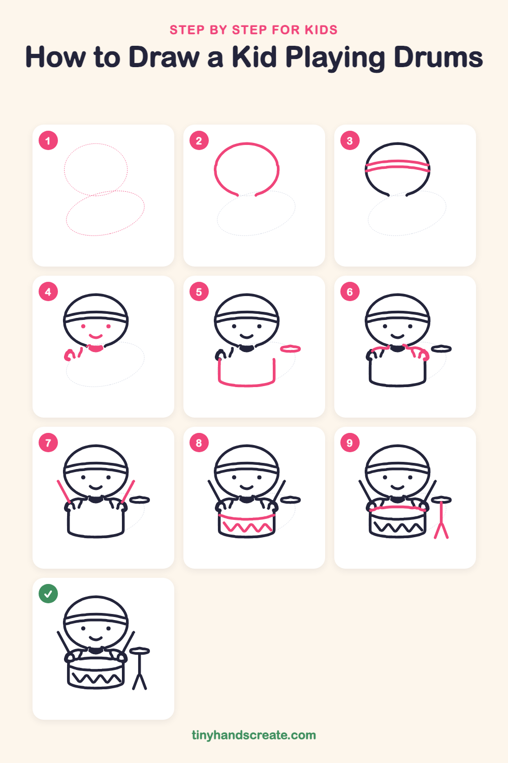How to draw a kid playing drums step by step for kids