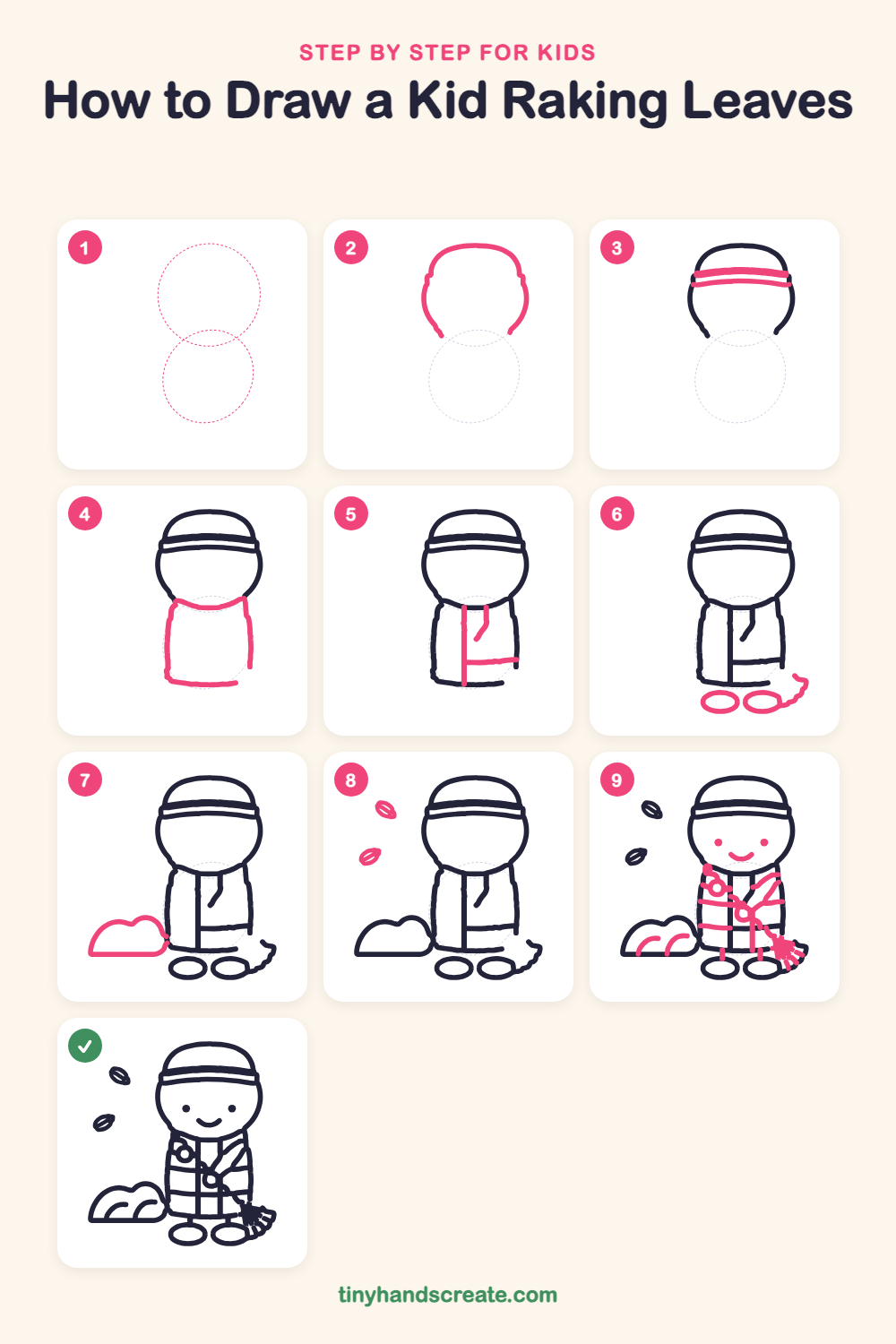 How to draw a kid raking leaves step by step for kids