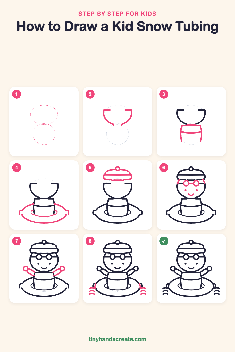 How to draw a kid snow tubing step by step for kids