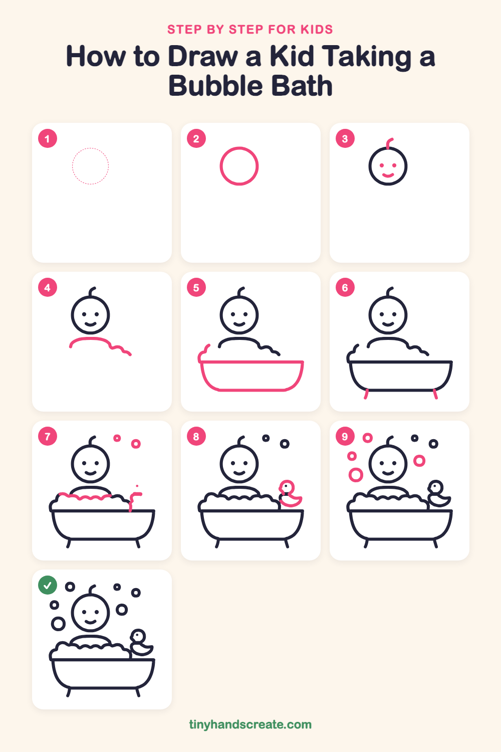 How to draw a kid taking a bubble bath step by step for kids