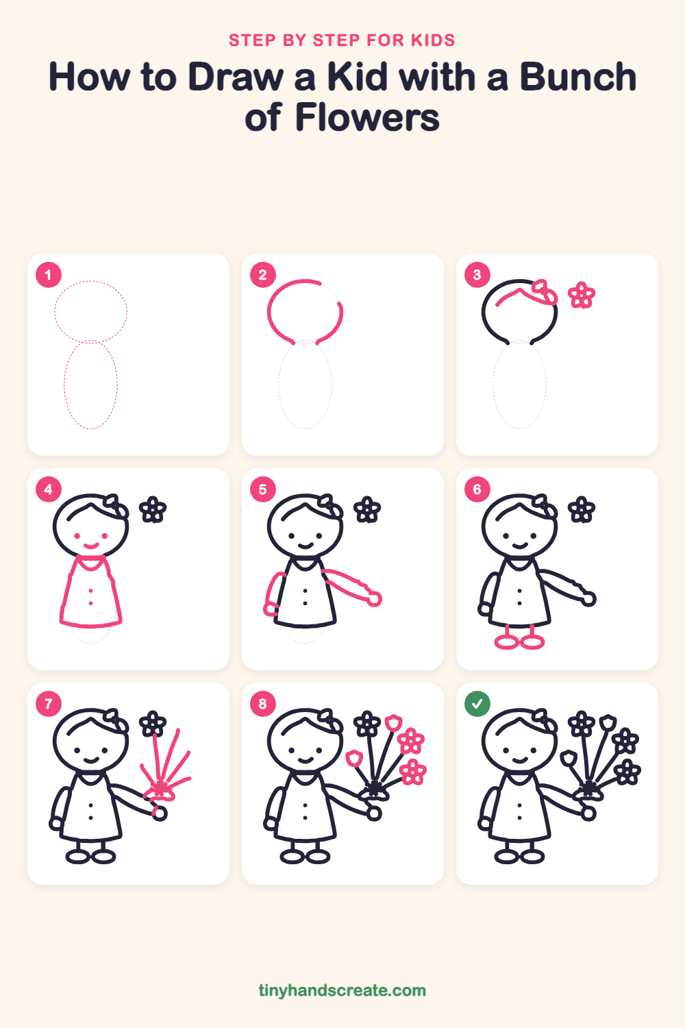 How to draw a kid with a bunch of flowers step by step for kids