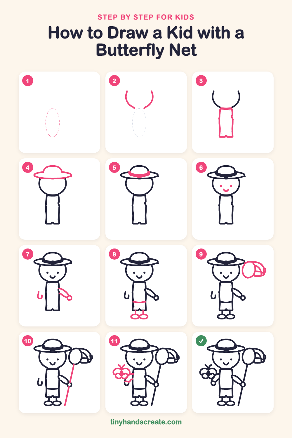 How to draw a kid with a butterfly net step by step for kids