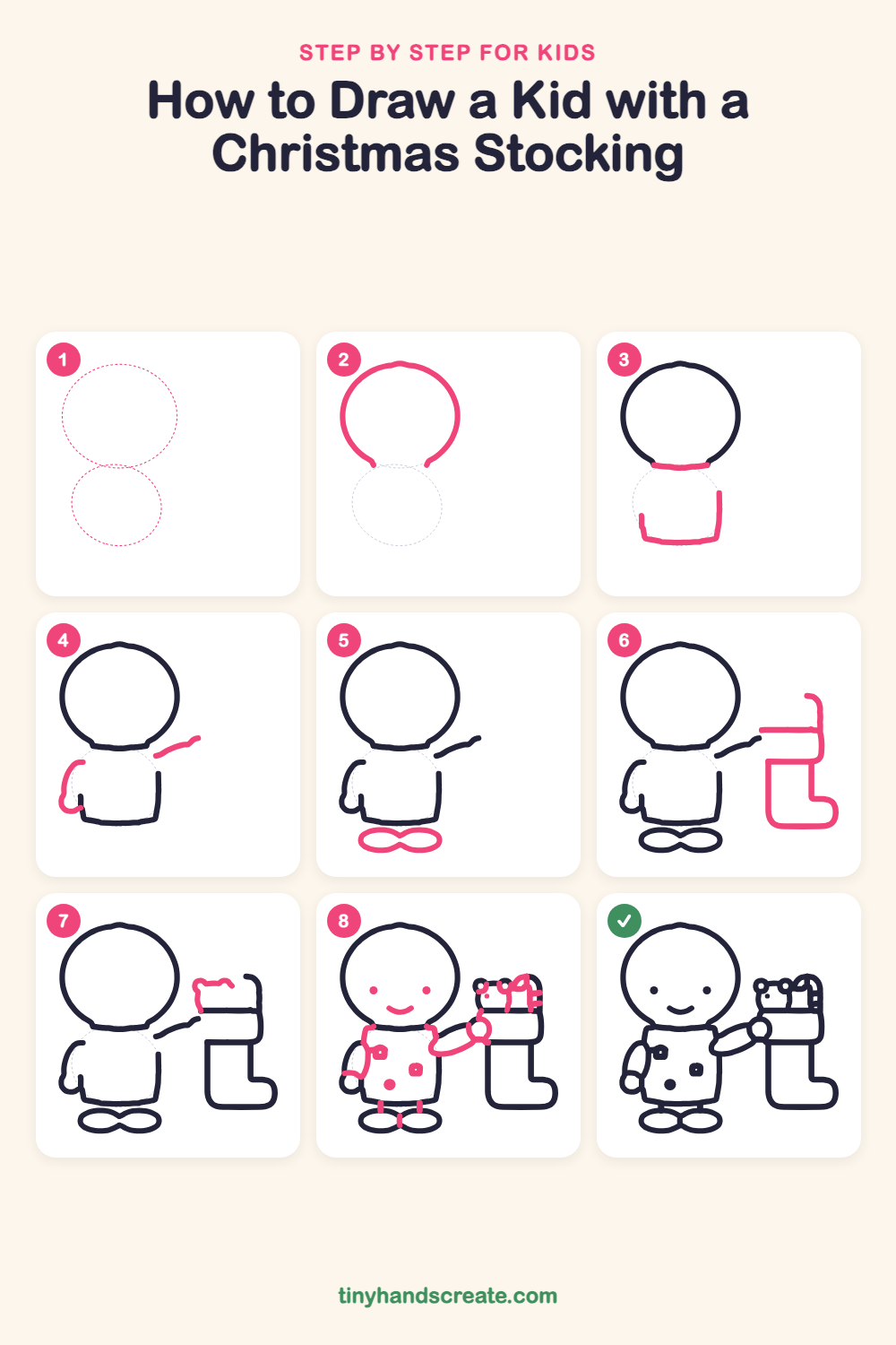 How to draw a kid with a Christmas stocking step by step for kids