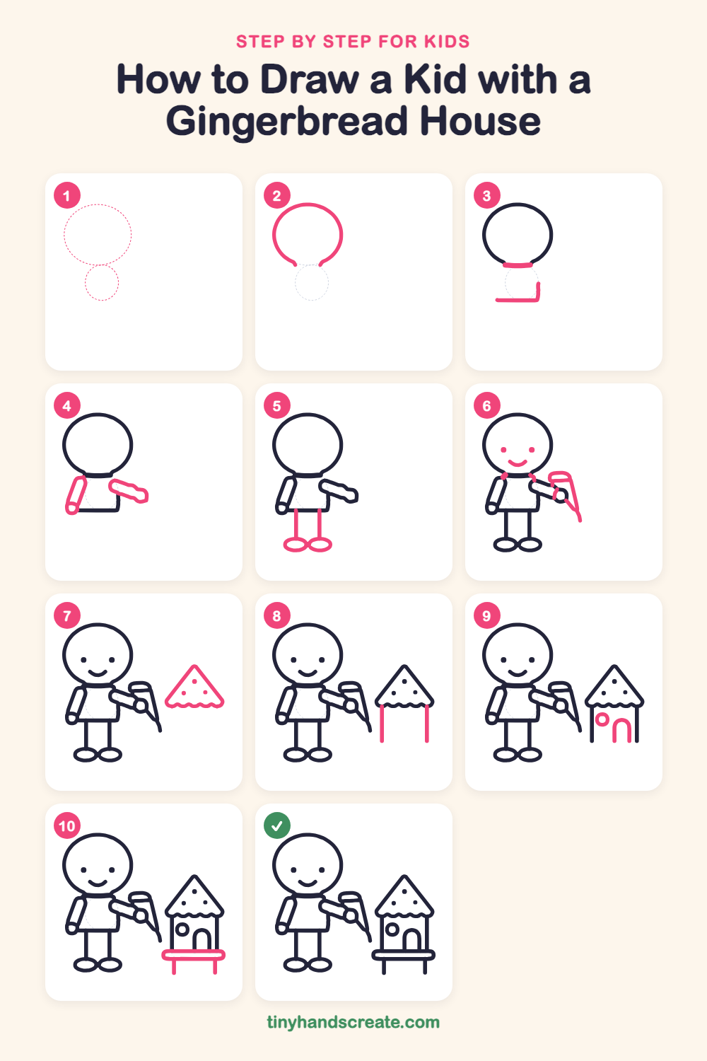 How to draw a kid with a gingerbread house step by step for kids