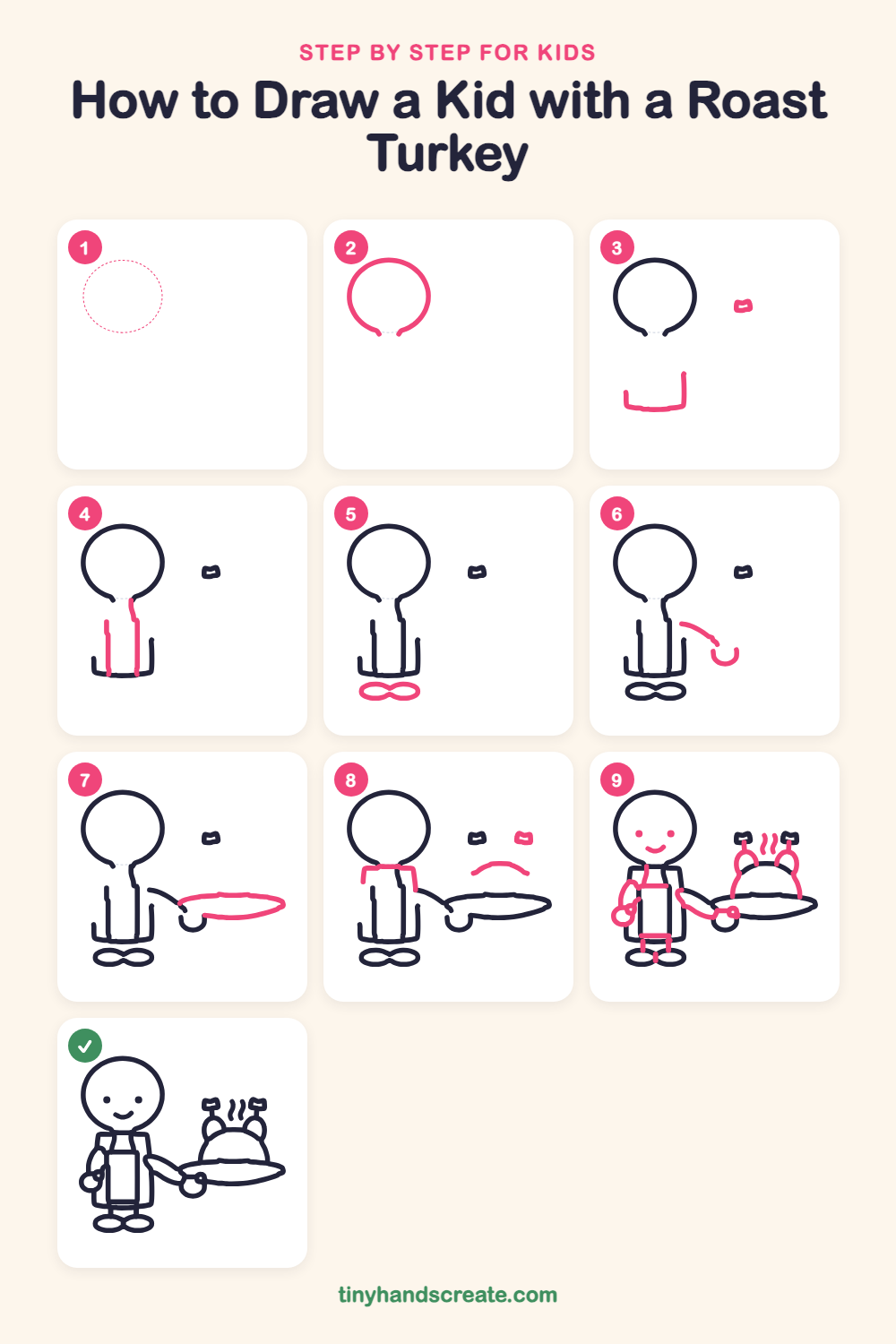 How to draw a kid with a roast turkey step by step for kids
