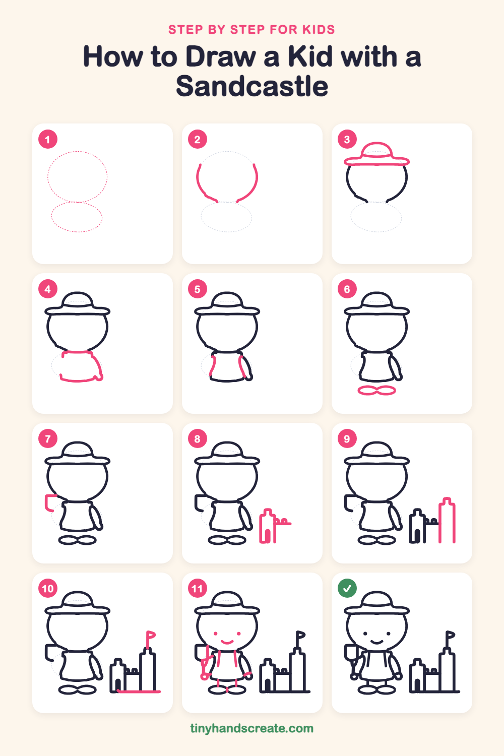 How to draw a kid with a sandcastle step by step for kids