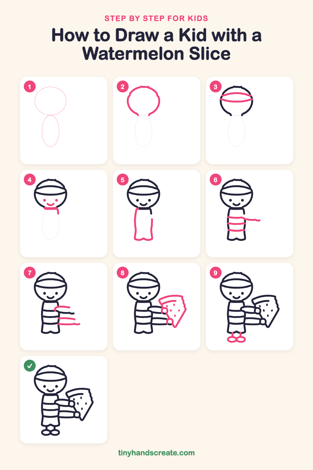 How to draw a kid with a watermelon slice step by step for kids