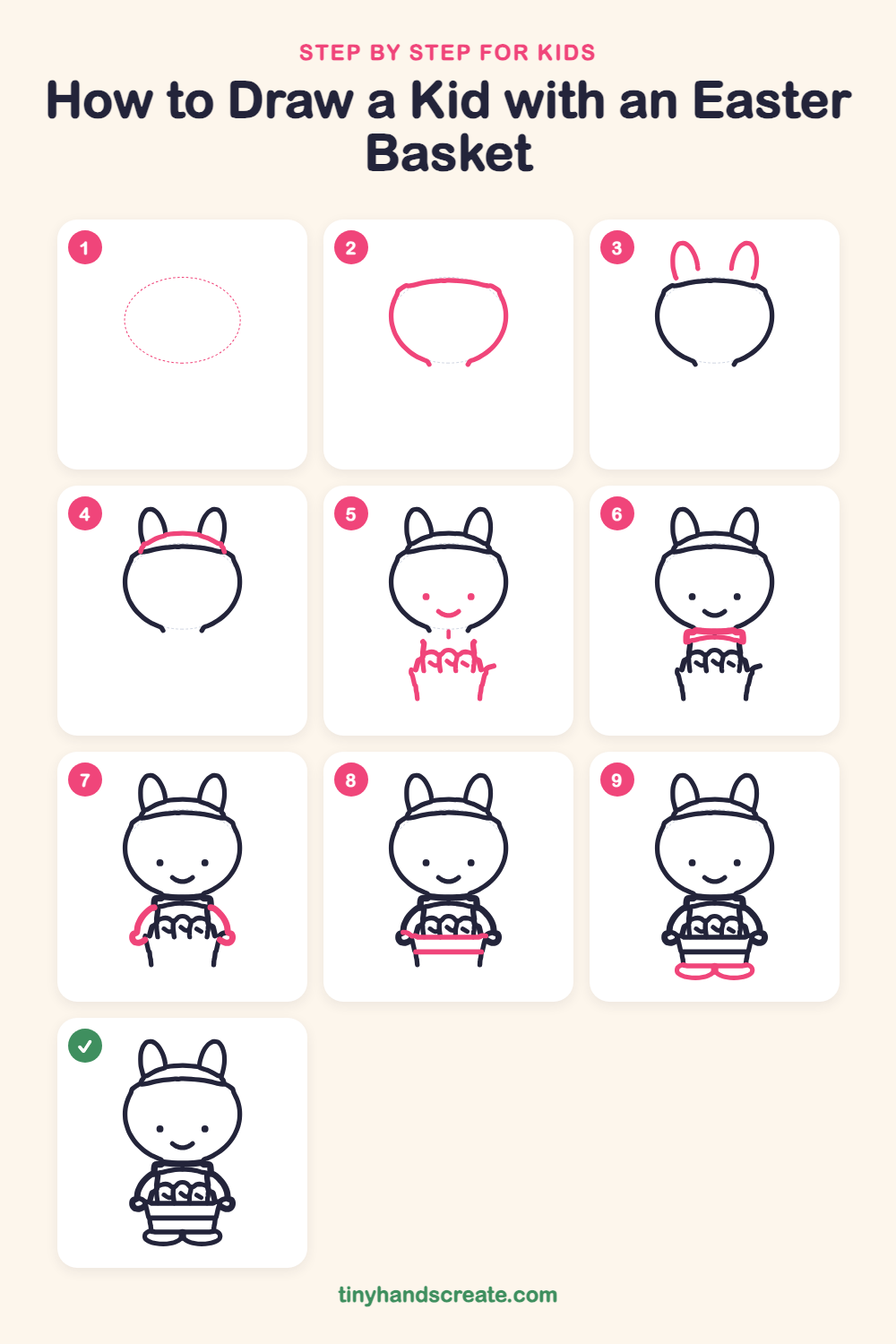 How to draw a kid with an Easter basket step by step for kids