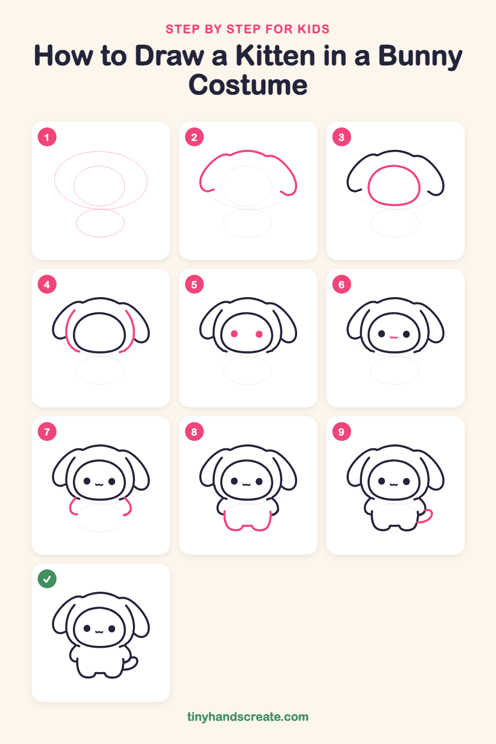 How to draw a kitten in a bunny costume step by step for kids