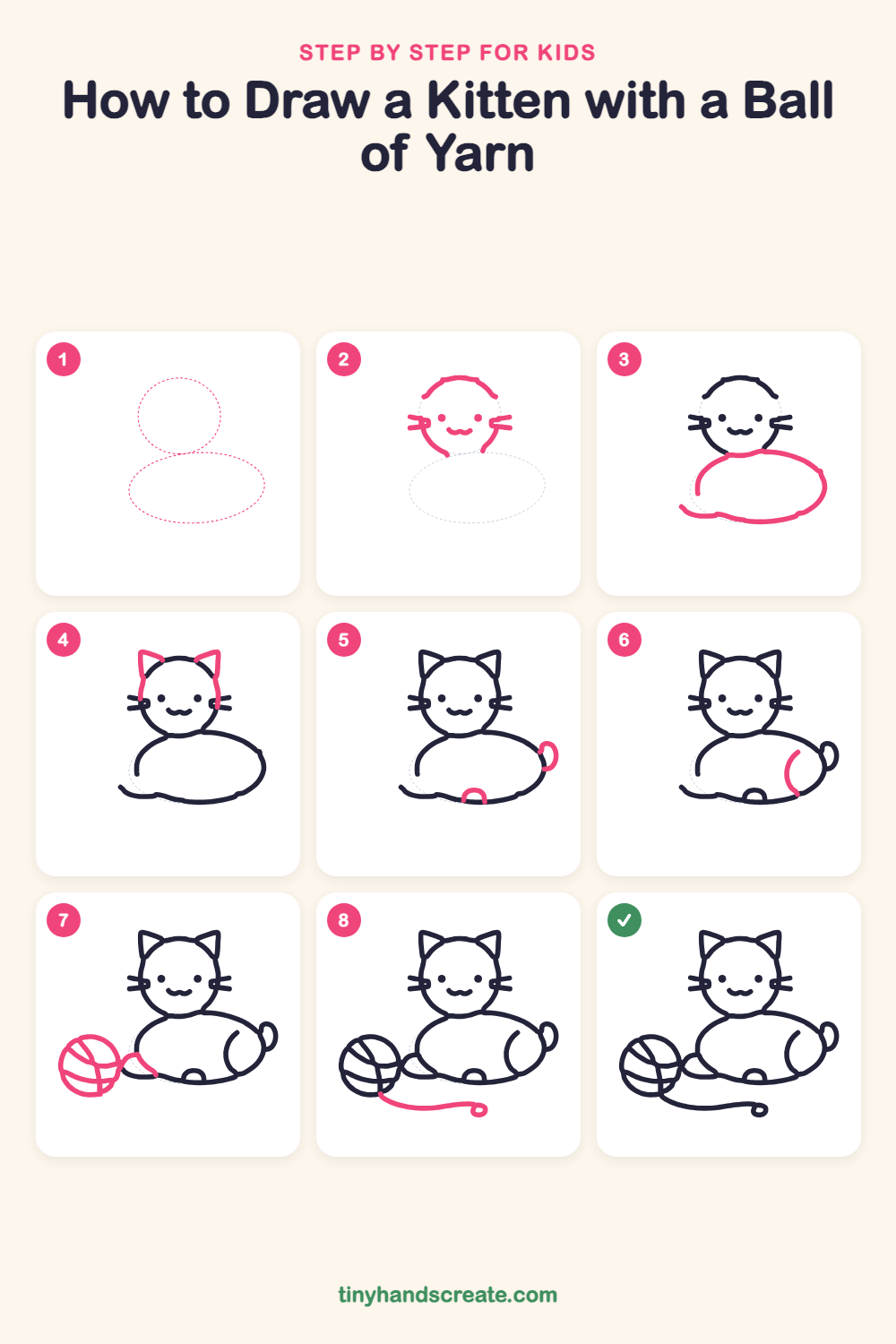 How to draw a kitten with a ball of yarn step by step for kids