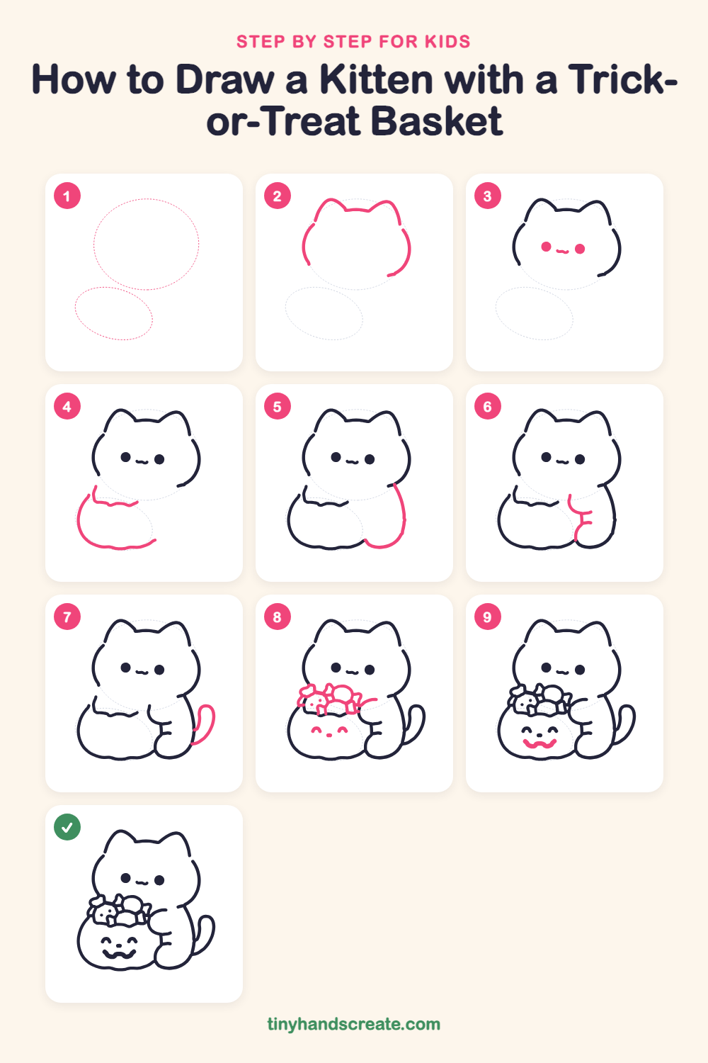 How to draw a kitten with a trick-or-treat basket step by step for kids